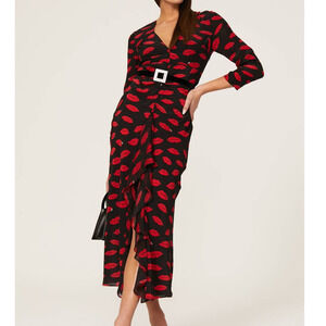 Rixo Silk Rose Lip Dress Midi Black Red 8